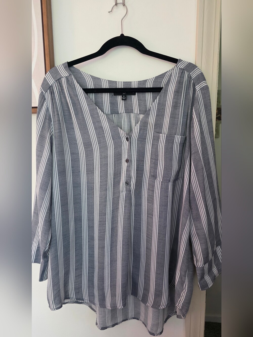 Gray and White Striped V-Neck Blouse